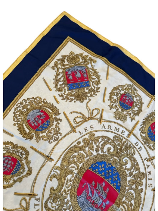 Hermes Navy, Cream, Yellow Silk Sailboats Baroque Print scarf Navy, Cream, Yellow / 90cm