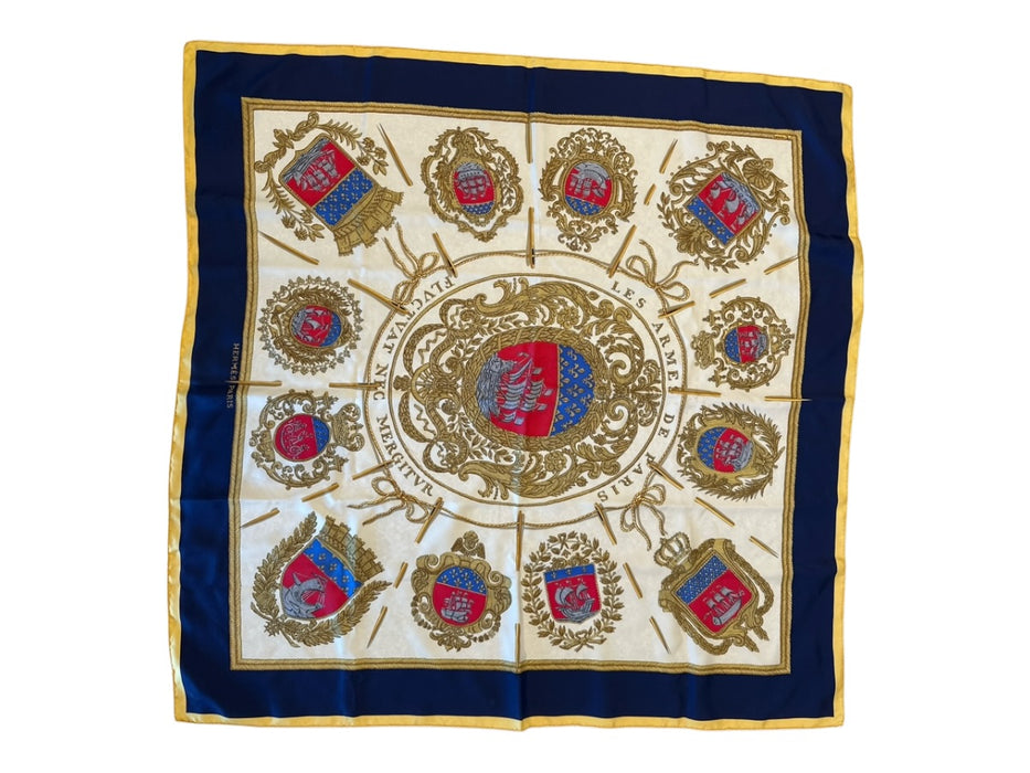 Hermes Navy, Cream, Yellow Silk Sailboats Baroque Print scarf Navy, Cream, Yellow / 90cm