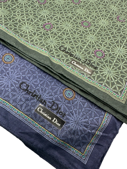 Christian Dior Vintage Blue & Green Print Cotton Blend Abstract Pocket Square Blue & Green Print