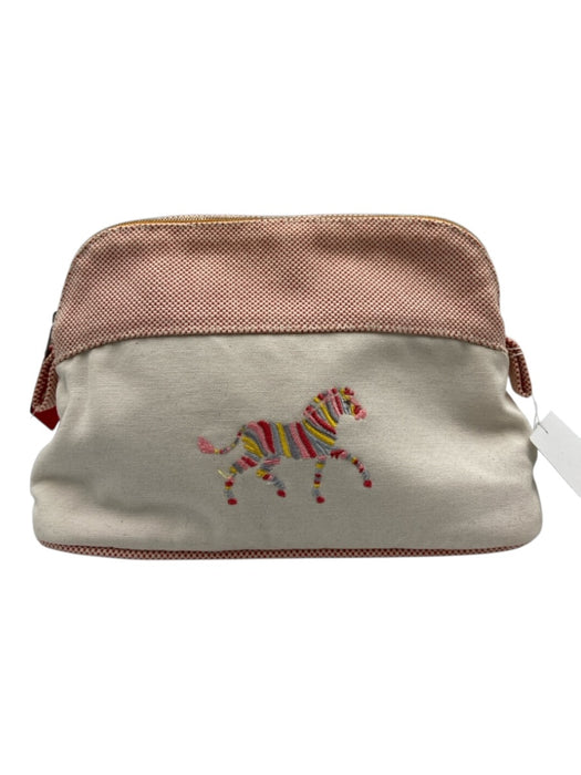 Hermes Beige, Pink, Red Canvas Zebra Zipper Pouch Makeup Bag Bag Beige, Pink, Red / XS