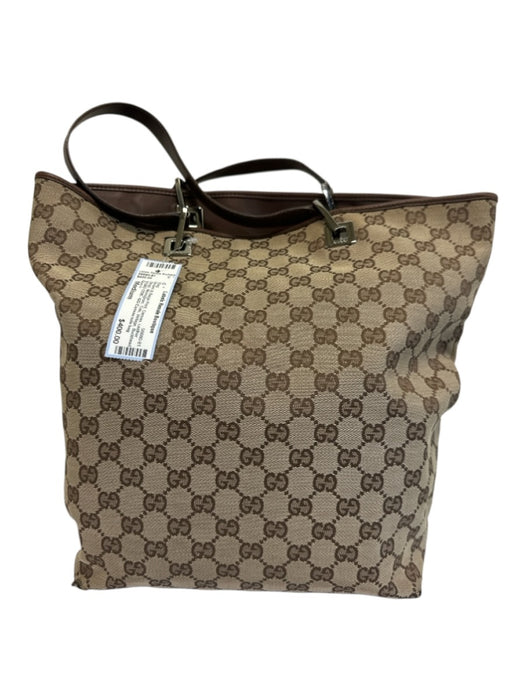 Gucci Brown & Beige Print Canvas Leather Strap Monogram Tote Vintage Bag Brown & Beige Print / Medium