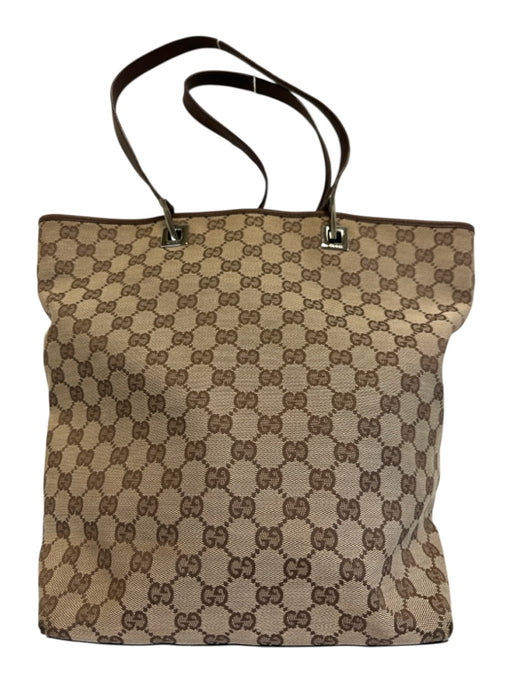 Gucci Brown & Beige Print Canvas Leather Strap Monogram Tote Vintage Bag Brown & Beige Print / Medium