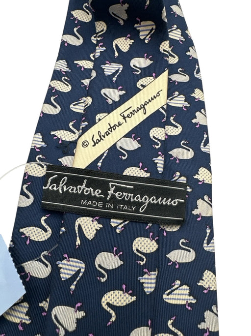 Ferragamo Navy, Gray, Purple Silk Ducks Tie Navy, Gray, Purple