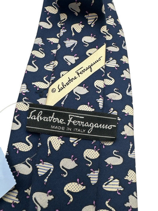 Ferragamo Navy, Gray, Purple Silk Ducks Tie Navy, Gray, Purple