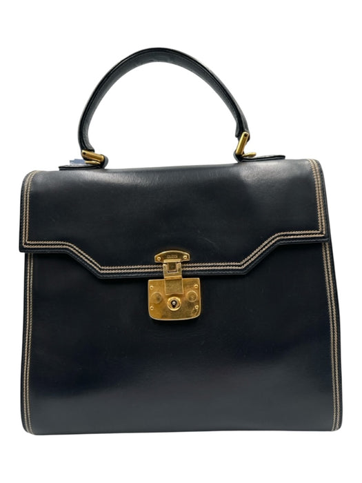 Gucci Navy Blue Leather Gold hardware Top Handle Crossbody Strap Bag Navy Blue / Medium