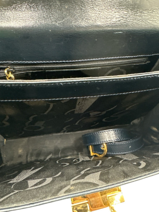 Ferragamo Navy Leather Glossy Gold Hardware Top Handle Dust Bag Incl. Bag Navy / Small