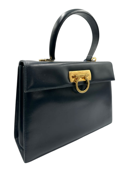 Ferragamo Navy Leather Glossy Gold Hardware Top Handle Dust Bag Incl. Bag Navy / Small