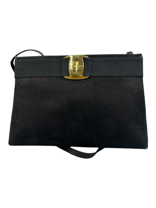 Ferragamo Black Suede Gold hardware Ribbon Crossbody Bag Black / XS