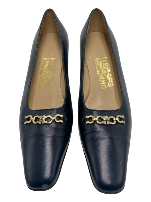 Salvatore Ferragamo Shoe Size 7 Navy Leather Pointed Square Toe Logo Pumps Navy / 7