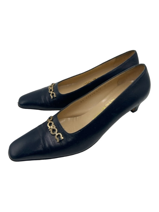 Salvatore Ferragamo Shoe Size 7 Navy Leather Pointed Square Toe Logo Pumps Navy / 7