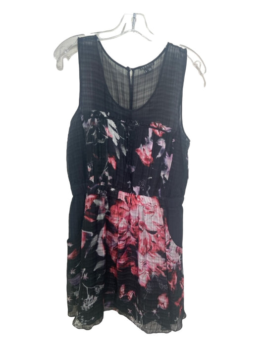 Theory Size L Black & Pink Silk Blend Floral Sleeveless Gauze Pockets Dress Black & Pink / L