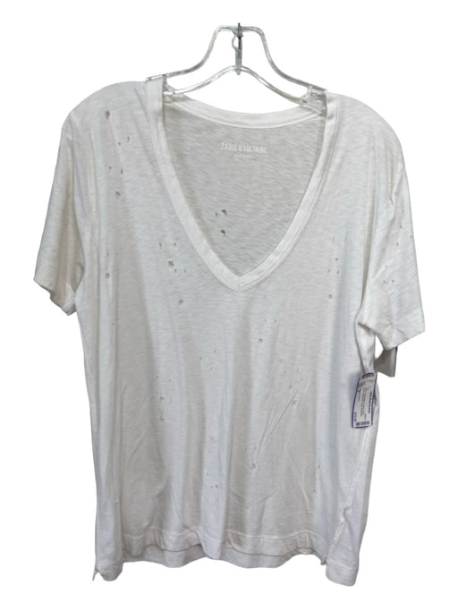 Zadig & Voltaire Size M White Cotton Blend V Neck Short Sleeve distressed Top White / M