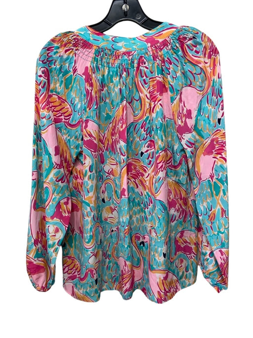 Lily Pulitzer Size M Blue & Pink Print Silk Half Button Long Sleeve Flamingo Top Blue & Pink Print / M