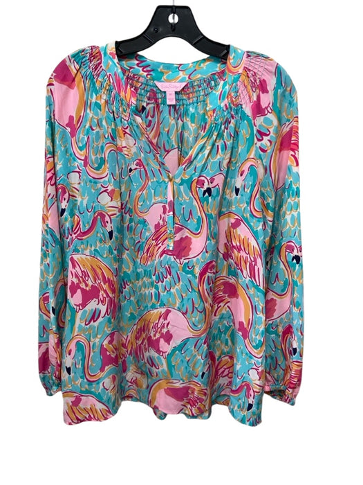 Lily Pulitzer Size M Blue & Pink Print Silk Half Button Long Sleeve Flamingo Top Blue & Pink Print / M