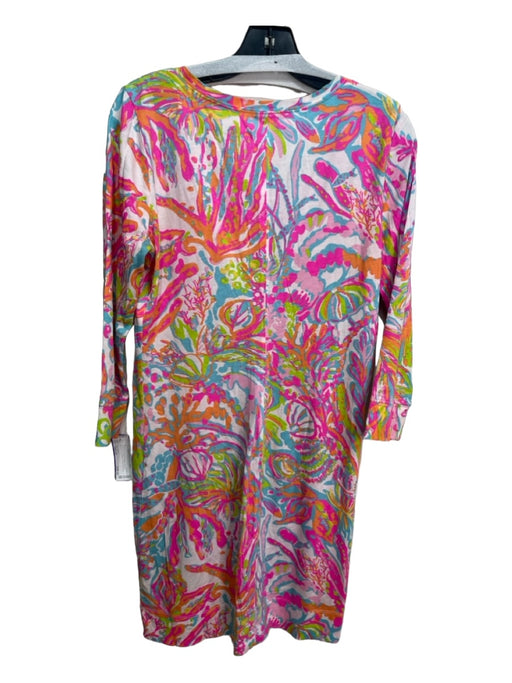 Lilly Pulitzer Size Medium White, Pink & Multi Cotton V Neck Abstract Dress White, Pink & Multi / Medium