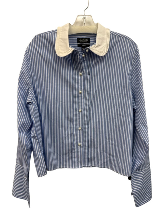 J Crew Size 12 Blue & White Cotton Long Sleeve Stripe Pearl Buttons Blouse Top Blue & White / 12