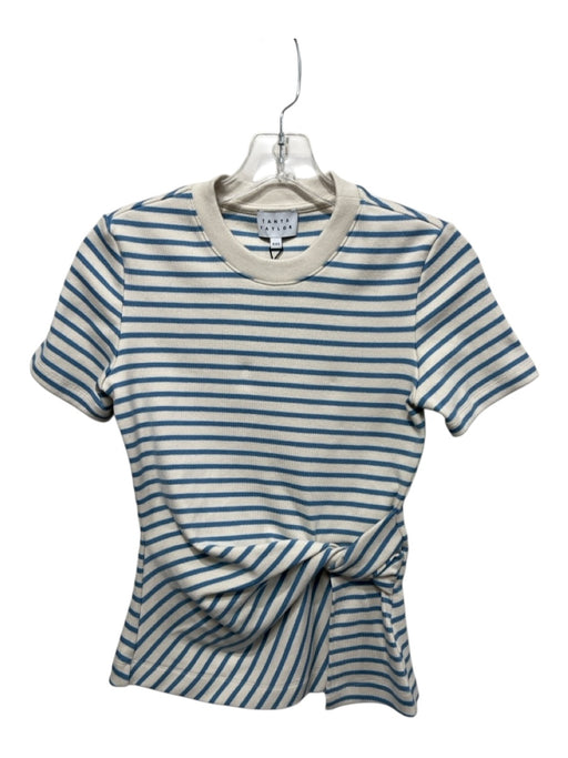 Tanya Taylor Size XXS Cream & Blue Cotton Knot Detail Striped Short Sleeve Top Cream & Blue / XXS