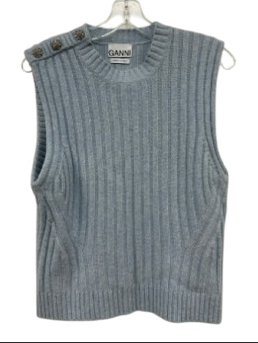 Ganni Size L Light Blue Wool Blend Rib Knit Rhinestone Shoulder Detail Sweater Light Blue / L