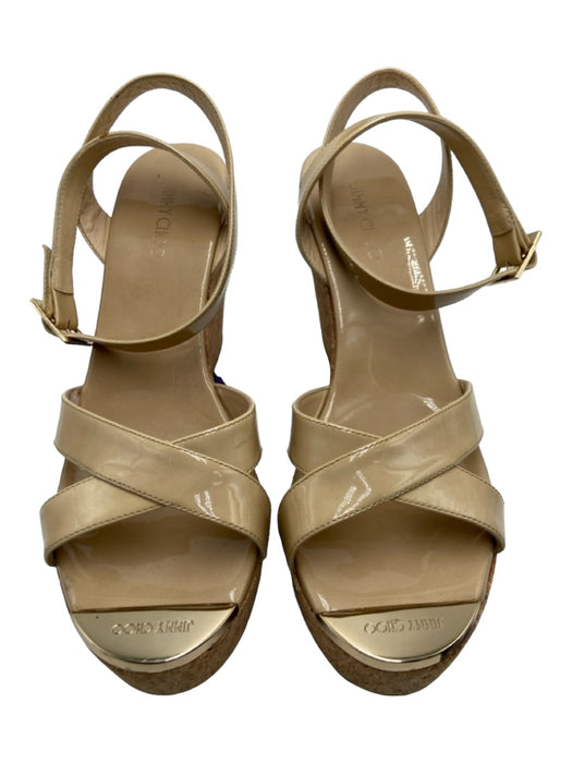 Jimmy Choo Shoe Size 40 Beige & Gold Patent Leather Gold Toe Cap Cork Base Shoes Beige & Gold / 40