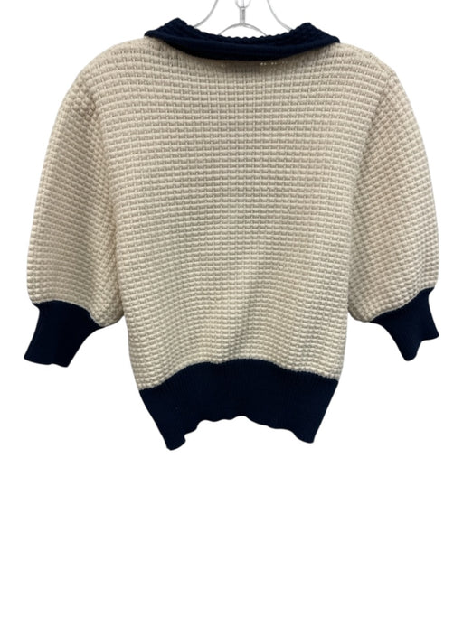Staud Size M White & Navy Cotton & Nylon Knit Short Sleeve Collar Top White & Navy / M