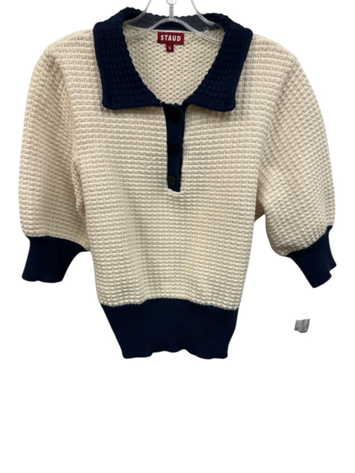 Staud Size M White & Navy Cotton & Nylon Knit Short Sleeve Collar Top White & Navy / M