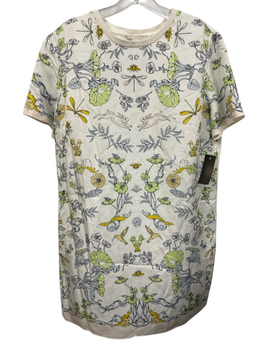 Tory Burch Size L White & Multi Silk Short Sleeve Flora & Fauna Below Knee Dress White & Multi / L