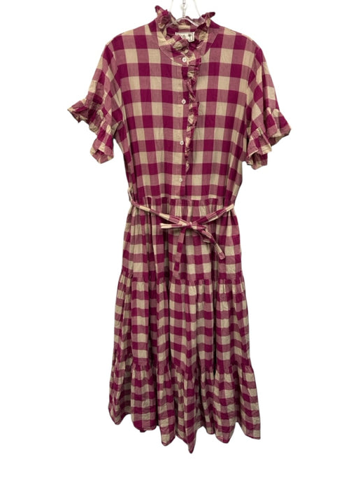 Millie Size M Purple & Beige Cotton Short Sleeve Checkered 1/2 Button Midi Dress Purple & Beige / M