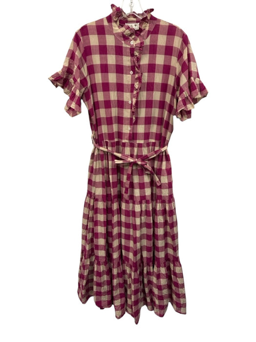 Millie Size M Purple & Beige Cotton Short Sleeve Checkered 1/2 Button Midi Dress Purple & Beige / M