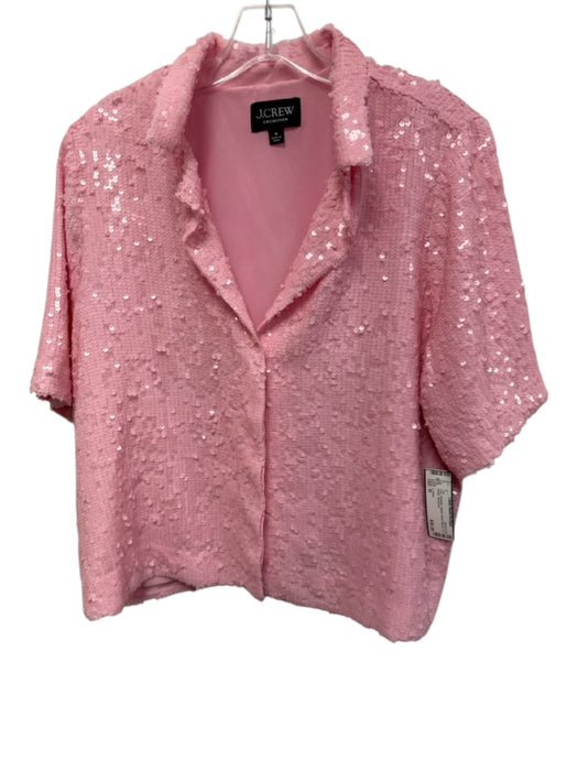 J. Crew Size M Pink Polyester Sequin Short Sleeve 1/2 Button Top Pink / M