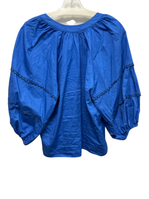 Alexis Size L Blue Cotton Split Neck 3/4 puff sleeve Scallop Detail Top Blue / L