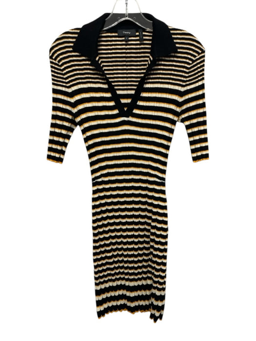 Theory Size M Black, Yellow, White Cotton Blend 1/2 Sleeve Stripe V Neck Dress Black, Yellow, White / M