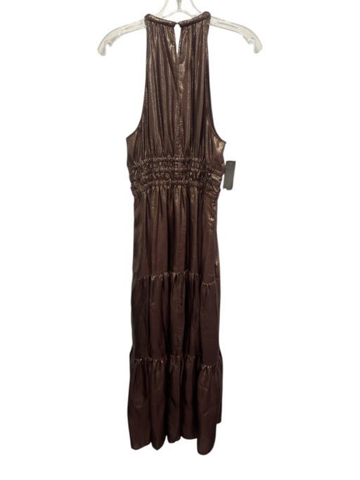 A.L.C. Size 8 Brown Silk Blend Sleeveless Smocked Waist Metallic Thread Dress Brown / 8