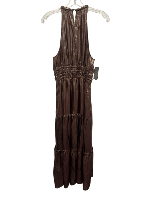 A.L.C. Size 8 Brown Silk Blend Sleeveless Smocked Waist Metallic Thread Dress Brown / 8