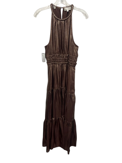 A.L.C. Size 8 Brown Silk Blend Sleeveless Smocked Waist Metallic Thread Dress Brown / 8