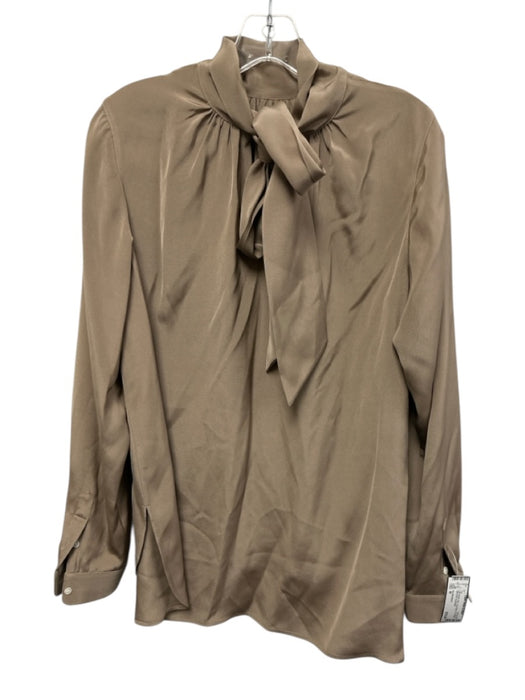Ann Mashburn Size M Light Brown Silk Long Sleeve Tie Neck Split Neck Top Light Brown / M