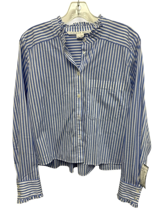 Veronica Beard Size 8 Blue & White Cotton Long Sleeve Stripe Button Up Crop Top Blue & White / 8
