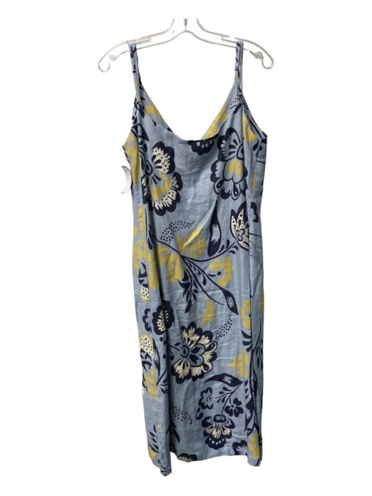 Cala de la Cruz Size XL Blue, Navy, & Yellow Linen Floral Midi V Neck Dress Blue, Navy, & Yellow / XL