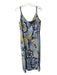 Cala de la Cruz Size XL Blue, Navy, & Yellow Linen Floral Midi V Neck Dress Blue, Navy, & Yellow / XL