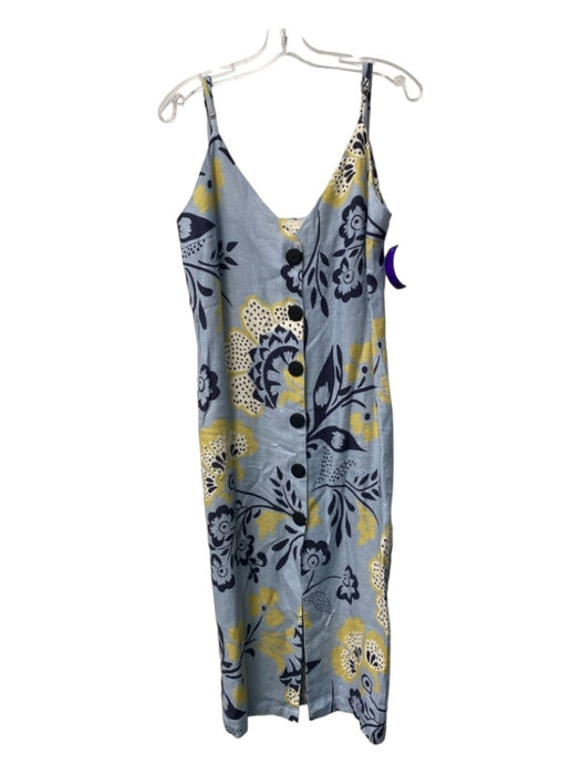 Cala de la Cruz Size XL Blue, Navy, & Yellow Linen Floral Midi V Neck Dress Blue, Navy, & Yellow / XL