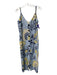 Cala de la Cruz Size XL Blue, Navy, & Yellow Linen Floral Midi V Neck Dress Blue, Navy, & Yellow / XL