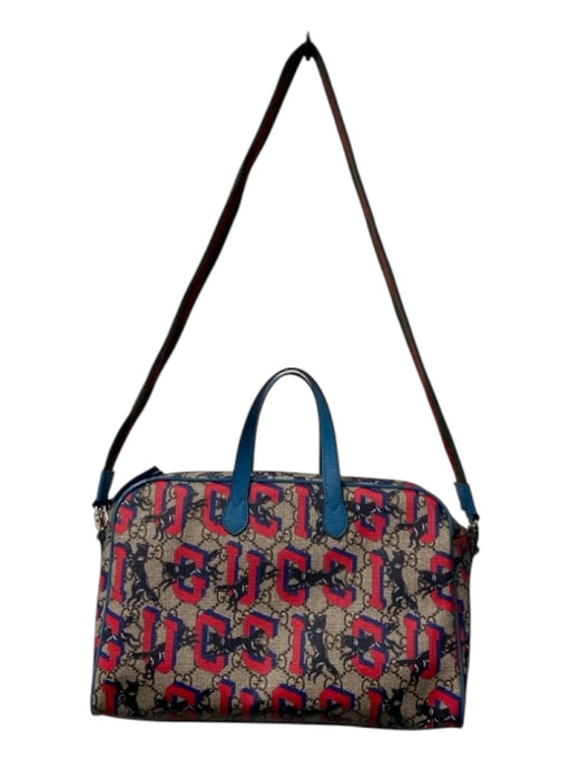 Gucci Blue, brown & Red Coated Canvas Hand & Shoulder Bag Zipper Duffle Bag Blue, brown & Red