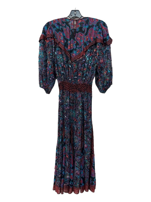 Diane Freis Size S Black Red Blue Silk Floral Paisley Sequin Detail Maxi Dress Black Red Blue / S