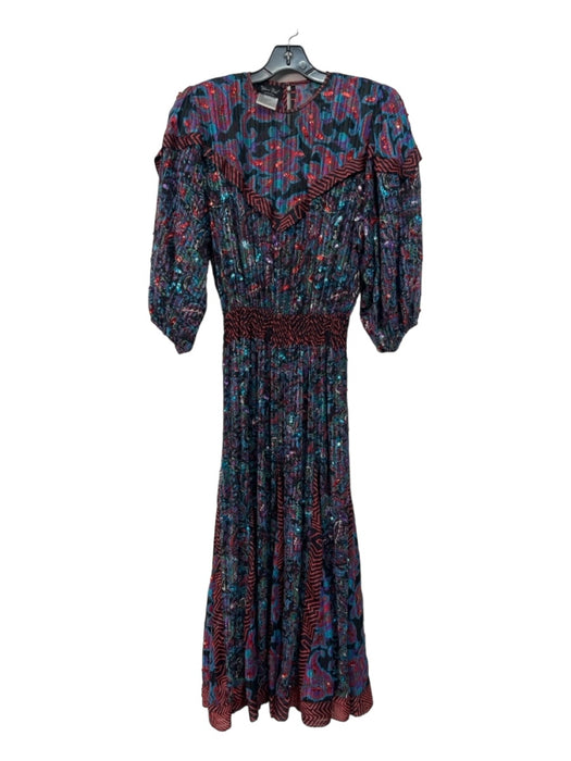 Diane Freis Size S Black Red Blue Silk Floral Paisley Sequin Detail Maxi Dress Black Red Blue / S