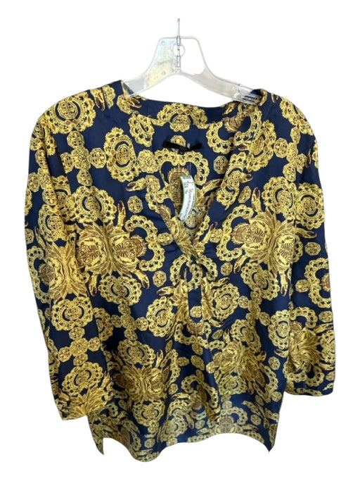 Tibi Size 10 navy & gold Silk V Neck Button Front Long Sleeve Ornate Top navy & gold / 10