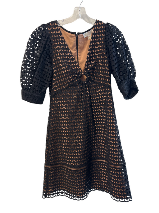 Michael Michael Kors Size 6 Black Cotton V Neck Short Puff Sleeve Back Zip Dress Black / 6