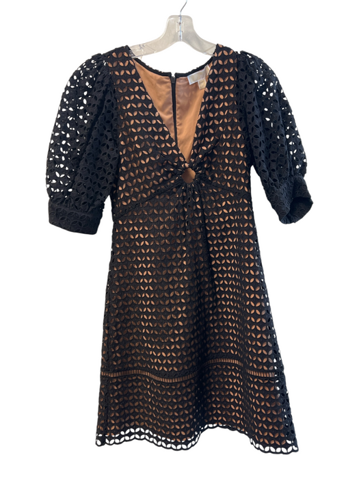Michael Michael Kors Size 6 Black Cotton V Neck Short Puff Sleeve Back Zip Dress Black / 6