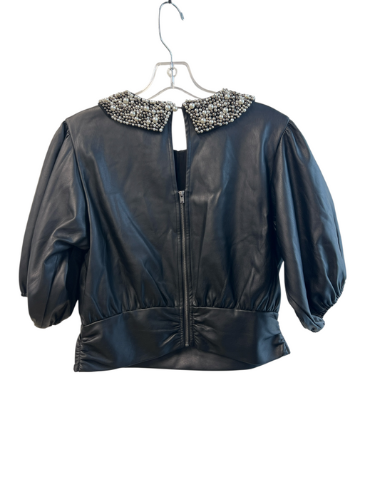 Maeve Size M Black Polyurethane Faux Leather Back Zip Collared Puff Sleeve Top Black / M