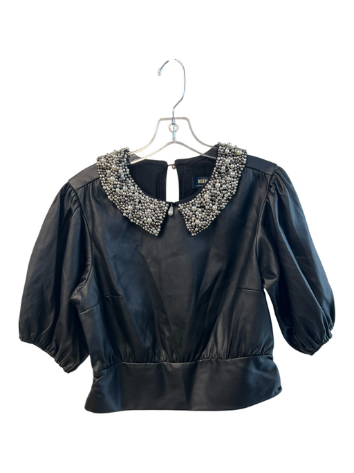 Maeve Size M Black Polyurethane Faux Leather Back Zip Collared Puff Sleeve Top Black / M