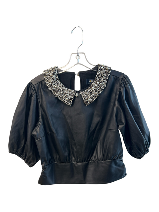Maeve Size M Black Polyurethane Faux Leather Back Zip Collared Puff Sleeve Top Black / M