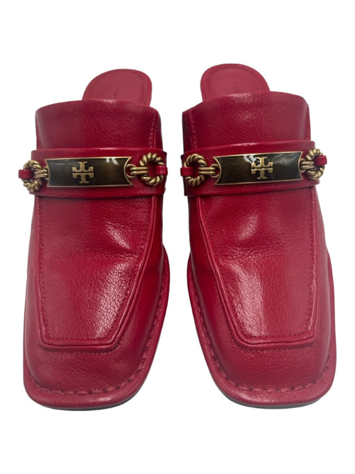 Tory Burch Shoe Size 7 Red & Brown Leather Square Toe Gold Hardware Loafer Mules Red & Brown / 7